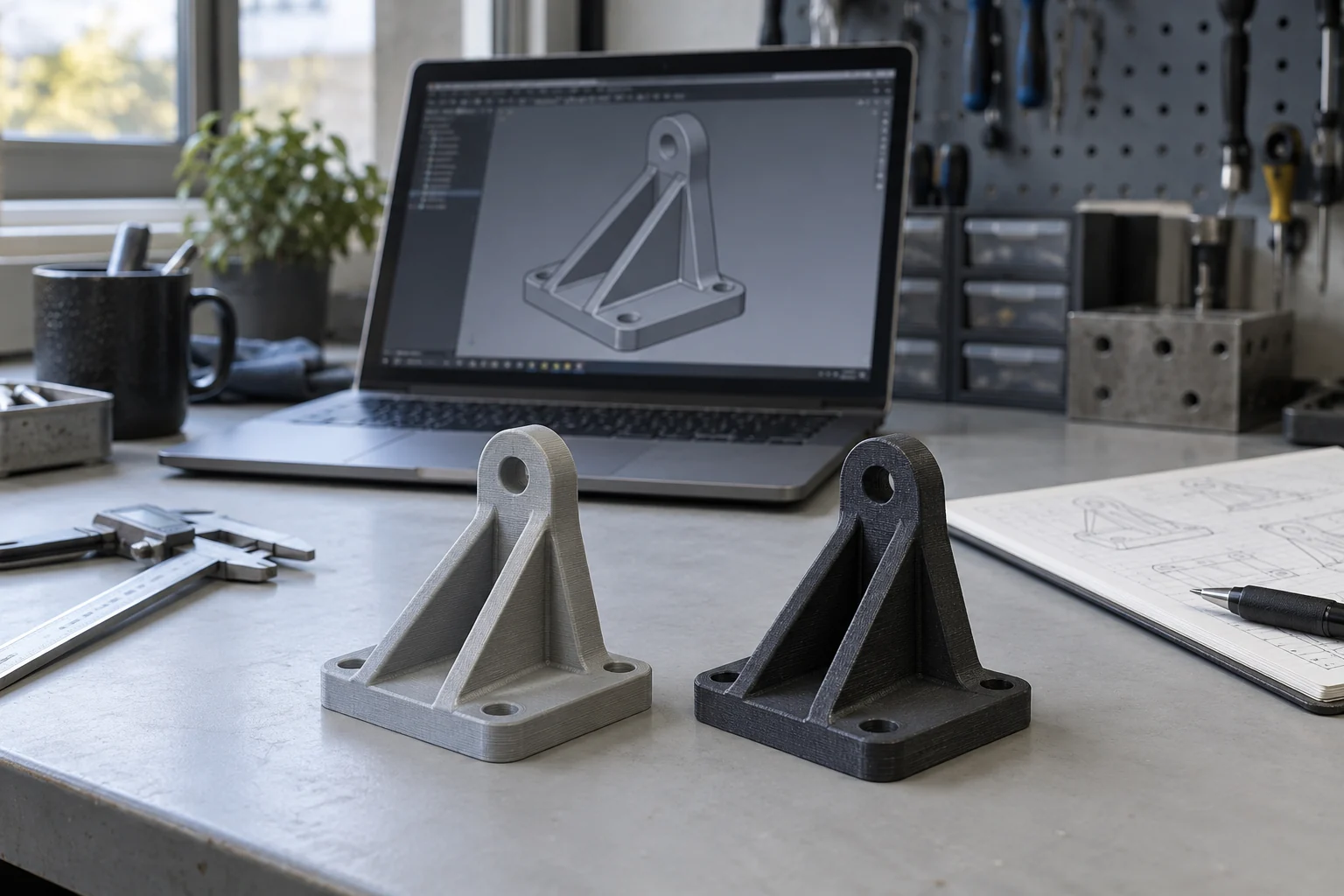 AI-generated illustration of a CAD bracket model with light gray and graphite printed versions on a workbench