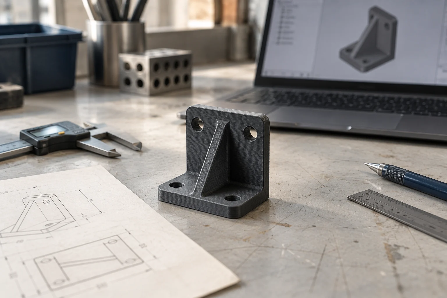 AI-generated illustration of a printed mounting bracket beside calipers, a sketch, and a CAD laptop